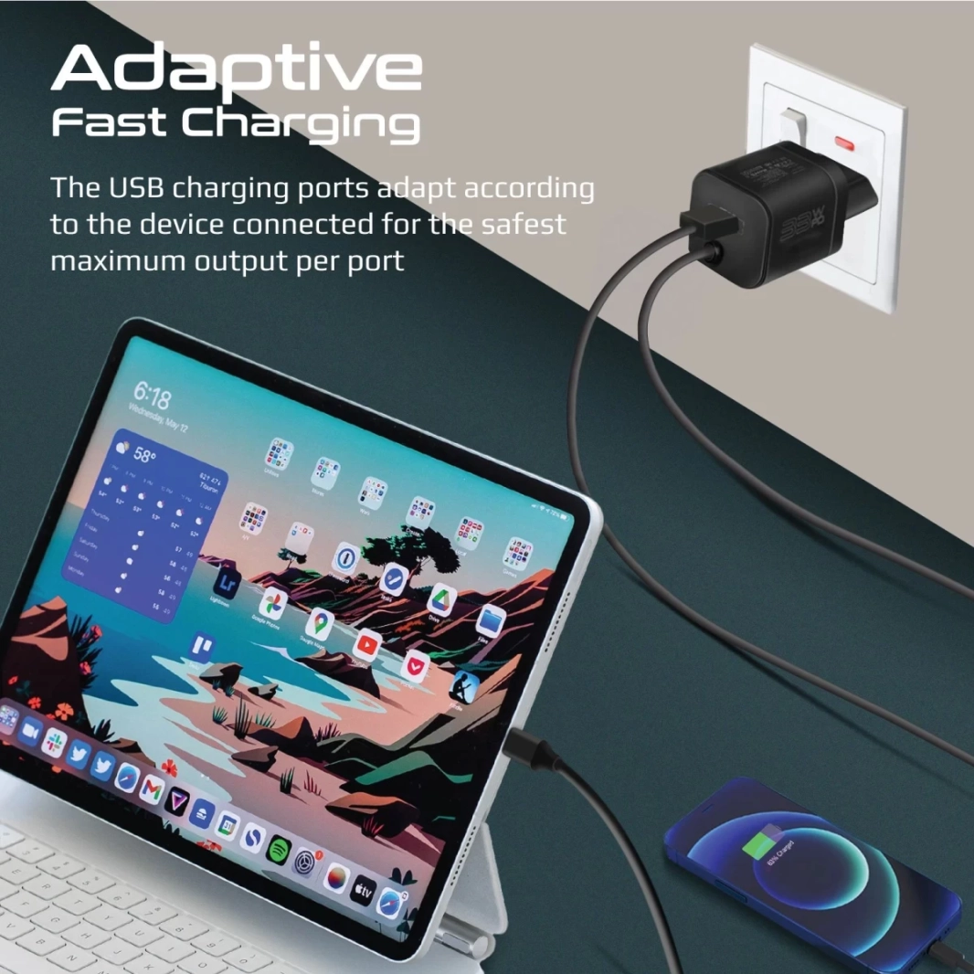 Promate Powerport-PDQC3 USB-C Charger Premium 33W مع 22.5W Charge Charge 3.0 Port & 1.5m Type-C Cable Interface-Black