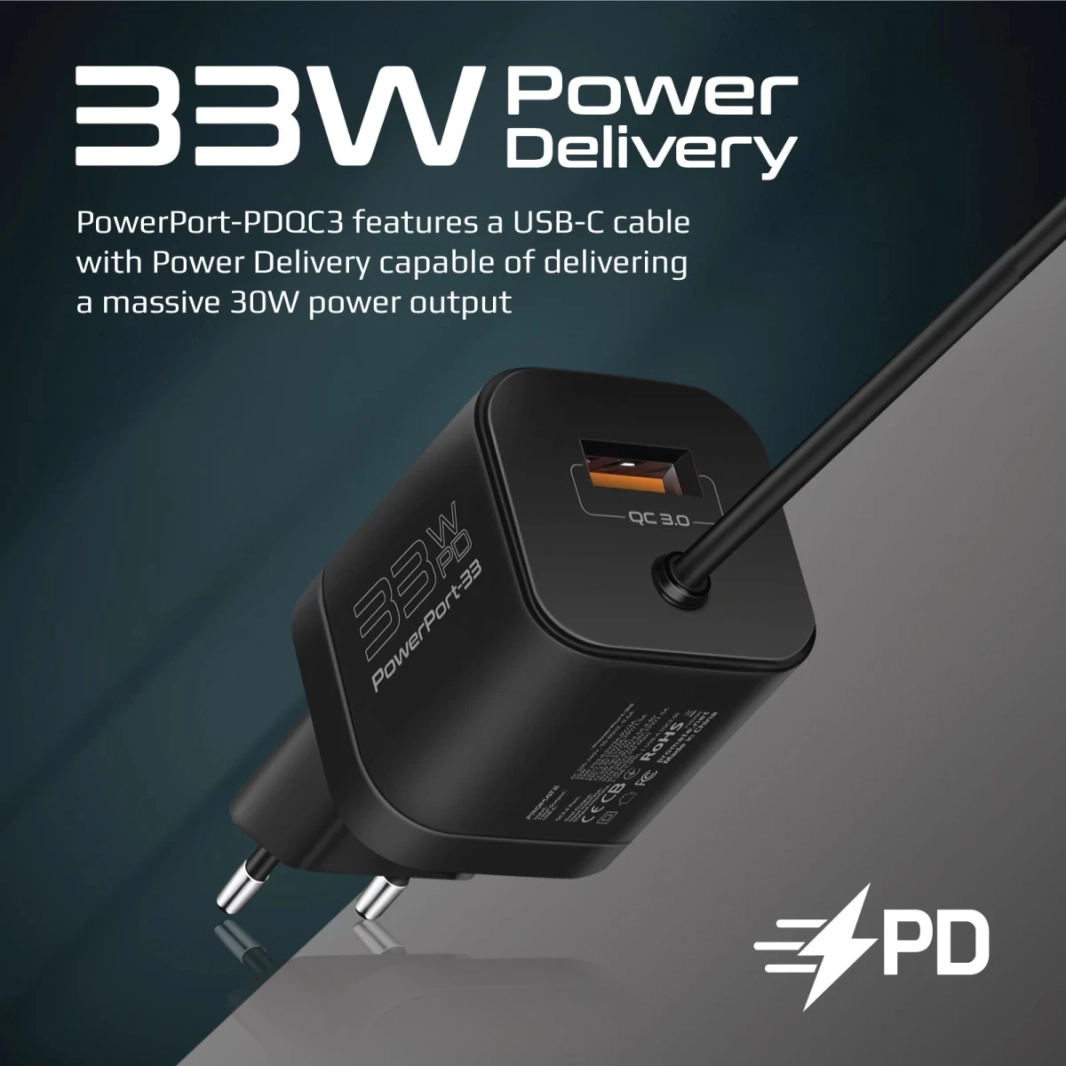 Promate Powerport-PDQC3 USB-C Charger Premium 33W مع 22.5W Charge Charge 3.0 Port & 1.5m Type-C Cable Interface-Black