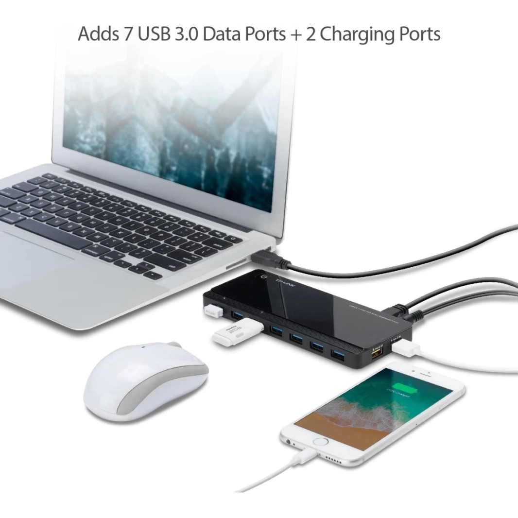 TP-LINK UH720 Powered USB HUB 3.0 مع 7 منافذ بيانات USB 3.0 و 2 منافذ USB الشحن الذكية لنظام التشغيل Windows & Mac Power ON/OFF