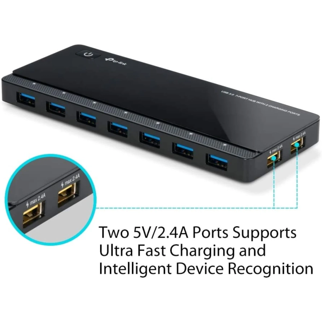 TP-LINK UH720 Powered USB HUB 3.0 مع 7 منافذ بيانات USB 3.0 و 2 منافذ USB الشحن الذكية لنظام التشغيل Windows & Mac Power ON/OFF