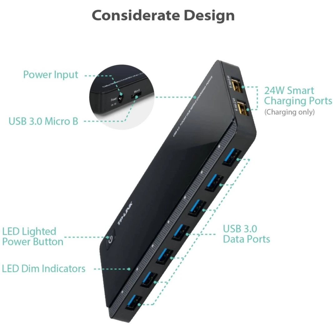 TP-LINK UH720 Powered USB HUB 3.0 مع 7 منافذ بيانات USB 3.0 و 2 منافذ USB الشحن الذكية لنظام التشغيل Windows & Mac Power ON/OFF