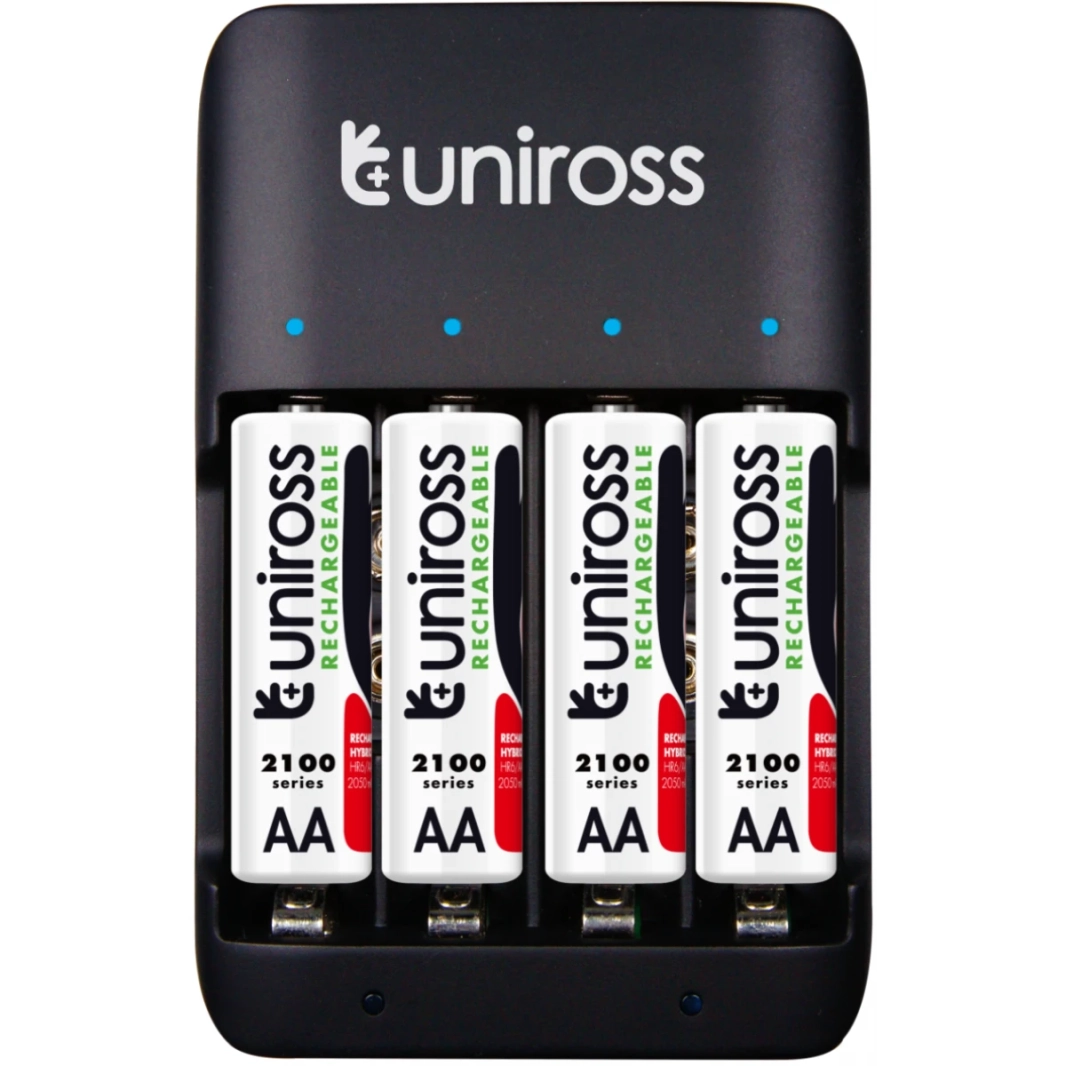 UNIROSS UCU004A USB شاحن متعدد الشاحن مع بطاريات 4x AA 2100 وشحن USB