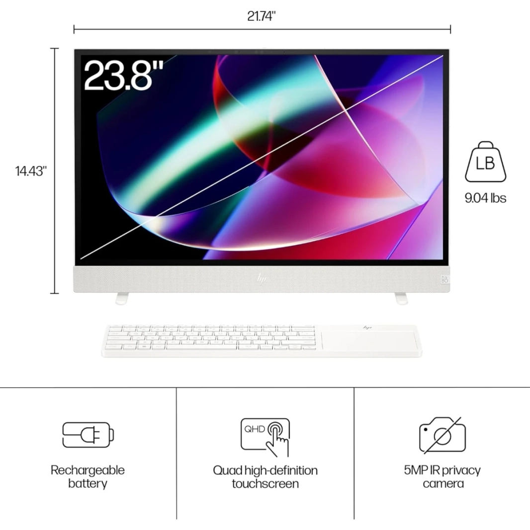 HP Envy Move All-in-One 24-CS0002ne (2023) 13Gen Intel Core I5 ​​10-Cores Mable و Rechargable w/ IPS 2K 24 "شاشة تعمل باللمس-أبيض