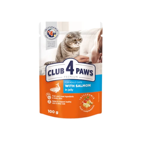 CLUB 4 PAWS PREMIUM "WITH SALMON IN JELLY". СOMPLETE CANNED PET FOOD FOR ADULT CATS  - /100gm