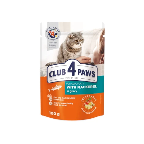 CLUB 4 PAWS PREMIUM "WITH MACKEREL IN GRAVY". СOMPLETE CANNED PET FOOD FOR ADULT CATS  - /100gm