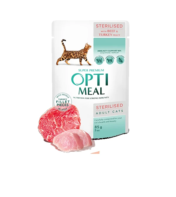 Optimeal СOMPLETE СANNED PET FOOD FOR STERILISED CATS WITH BEEF AND TURKEY FILLET IN JELLY  - /85gm