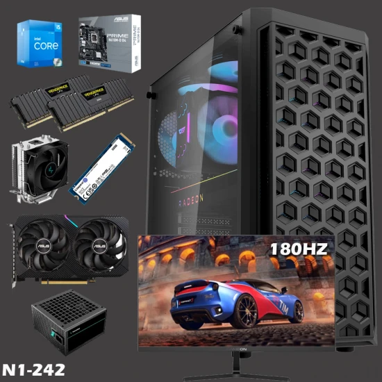 جهاز كمبيوتر شخصي N1 GAMING BUILD N242 - وحدة معالجة رسومية RTX 3060 12G ووحدة معالجة مركزية INTEL I5 12400F 12GEN وذاكرة وصول عشوائي 16 جيجابايت وتردد 3600 ميجاهرتز وقرص SSD سعة 500 جيجابايت مع شاشة مقاس 24 بوصة وتردد 180 هرتز