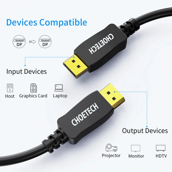 كابل CHOETECH 8K DisplayPort، كابل Displayport إلى Displayport بطول 6.6 قدم/2 متر بدقة 8K بمعدل 60 هرتز 2 متر - 4K بمعدل 165 هرتز