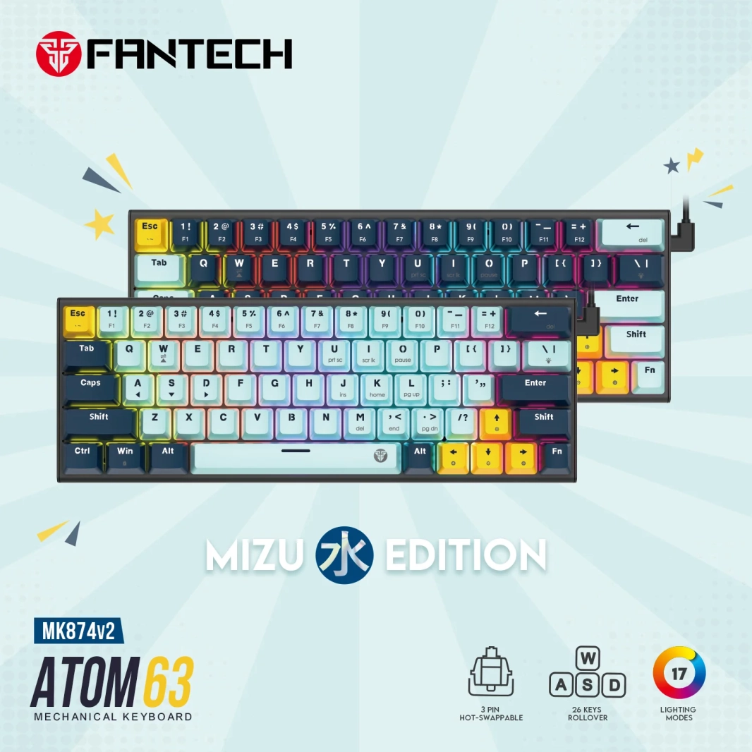 لوحة مفاتيح ميكانيكية قابلة للتبديل السريع من Fantech MK874 V2 Atom 63 باللون الأزرق الداكن