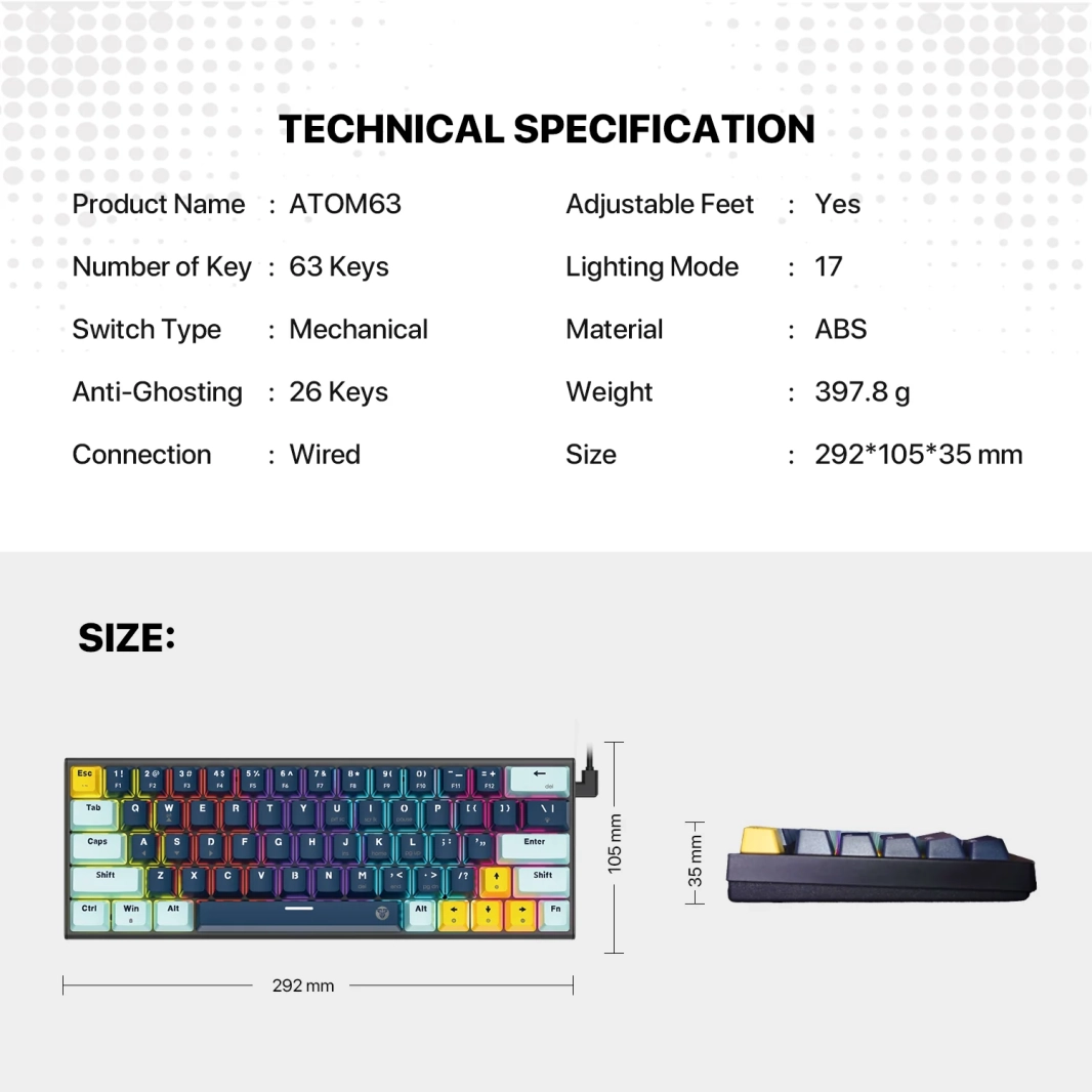 لوحة مفاتيح ميكانيكية قابلة للتبديل السريع من Fantech MK874 V2 Atom 63 باللون الأزرق الداكن