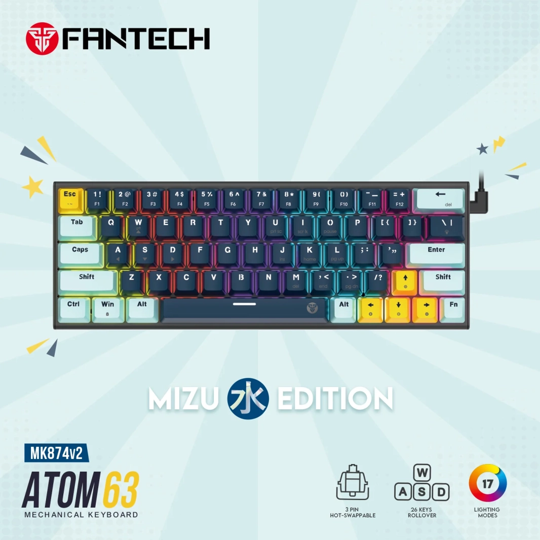 لوحة مفاتيح ميكانيكية قابلة للتبديل السريع من Fantech MK874 V2 Atom 63 باللون الأزرق الداكن