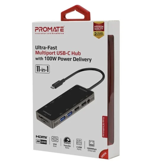 موزع PROMATE PRIMEHUB-PRO USB-C فائق السرعة مع توصيل طاقة بقوة 100 وات