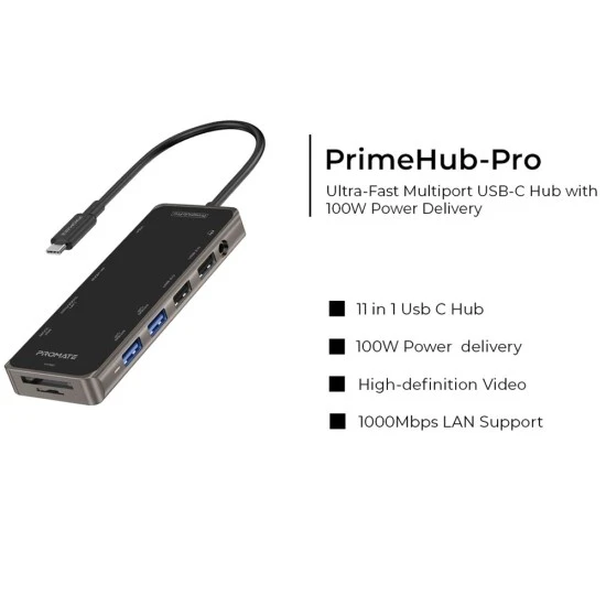 موزع PROMATE PRIMEHUB-PRO USB-C فائق السرعة مع توصيل طاقة بقوة 100 وات