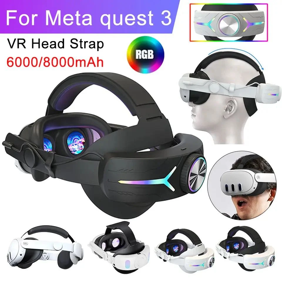 حزام رأس الواقع الافتراضي RGB قابل للتعديل لسماعة الرأس Meta Quest 3 لتقليل ضغط الوجه، حزام رأس مدمج بقوة 8000 مللي أمبير في الساعة لسماعة الرأس Meta Quest 3_ أسود