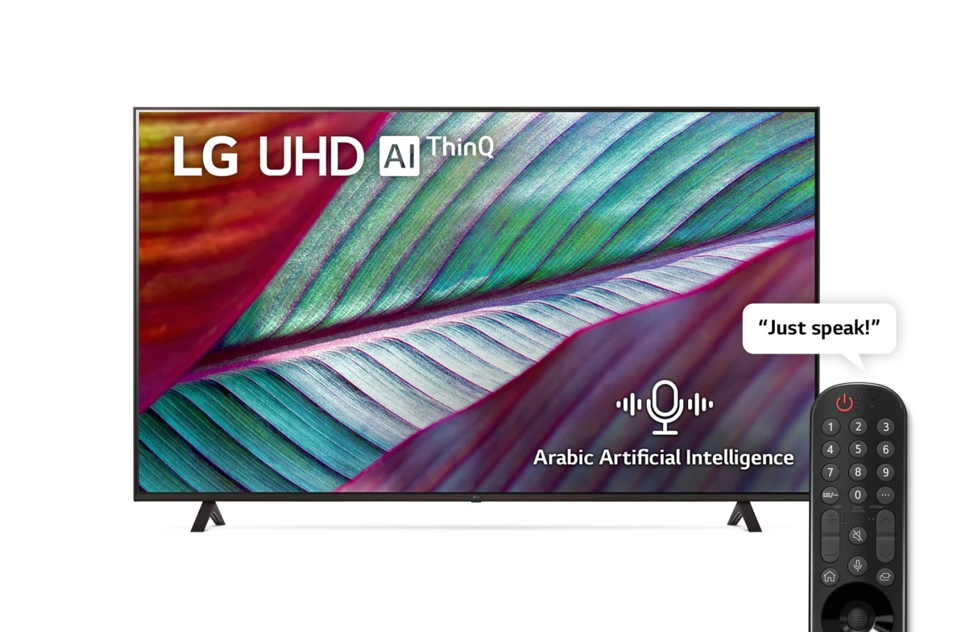 تلفزيون LG UHD 4K مقاس 65 بوصة من سلسلة UR7800، نظام التشغيل WebOS Smart AI ThinQ، جهاز تحكم عن بعد سحري، سينما ثلاثية الجوانب، HDR10، HLG، صوت AI (5.1 قناة)، حامل ثنائي الأقطاب