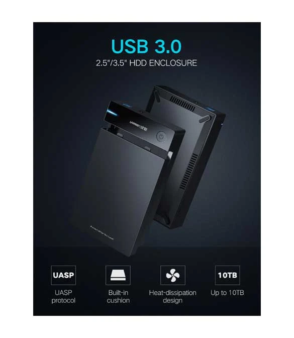 UGREEN US222 علبة محرك أقراص صلبة خارجية SATA مقاس 3.5 بوصة من USB 3.0 إلى الاتحاد الأوروبي