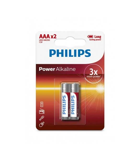 مجموعة من 2 بطارية قلوية طويلة الأمد LR03P2B/97 AAA 1.5 فولت من Philips