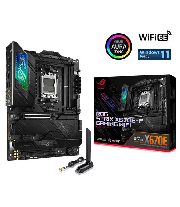 لوحة ASUS ROG STRIX X670E-F GAMING WIFI 6E DDR5 AM5 RYZEN 7000 PCIE 5.0 4X M.2 SLOTS مع مشتتات حرارية AI COOLING II