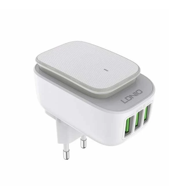 شاحن سريع LDNIO A3305 بمحول 3 منافذ USB مع ضوء LED + كابل iPhone