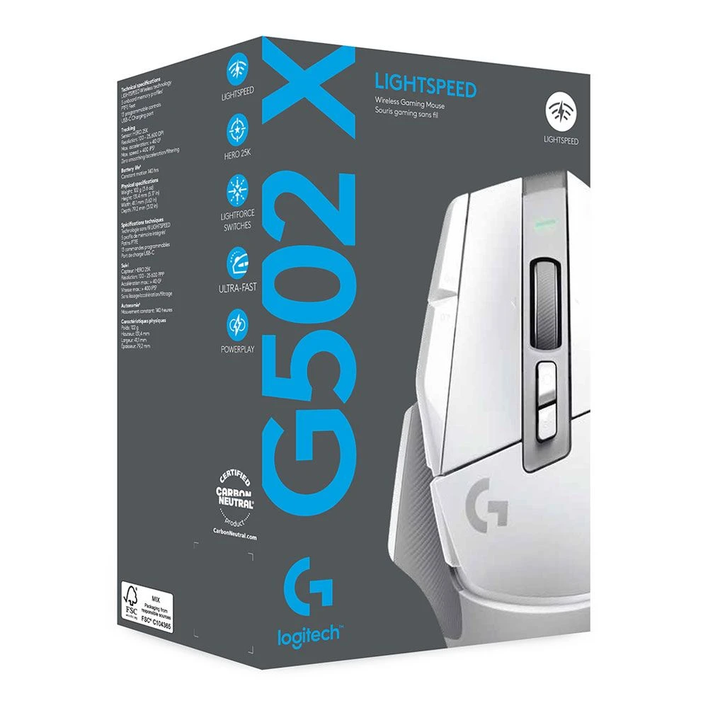 Logitech G502 X Lightspeed  - LIGHTFORCE , HERO 25K  - White Wireless Gaming Mouse