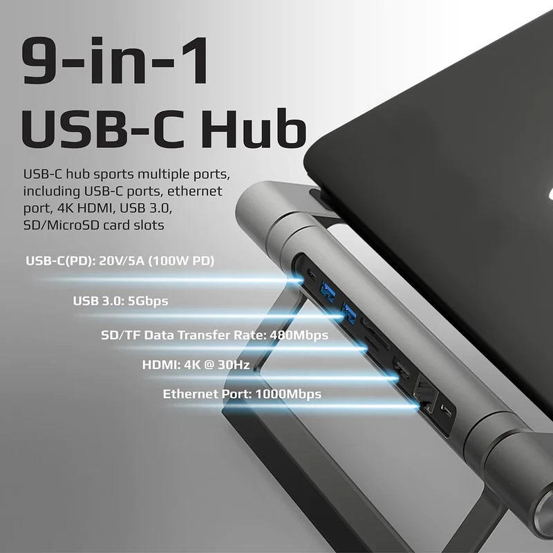 موزع USB-C متعدد المنافذ من بروميت PRIMEBASE-C باللون الرمادي 9 في 1 مع حامل للكمبيوتر المحمول