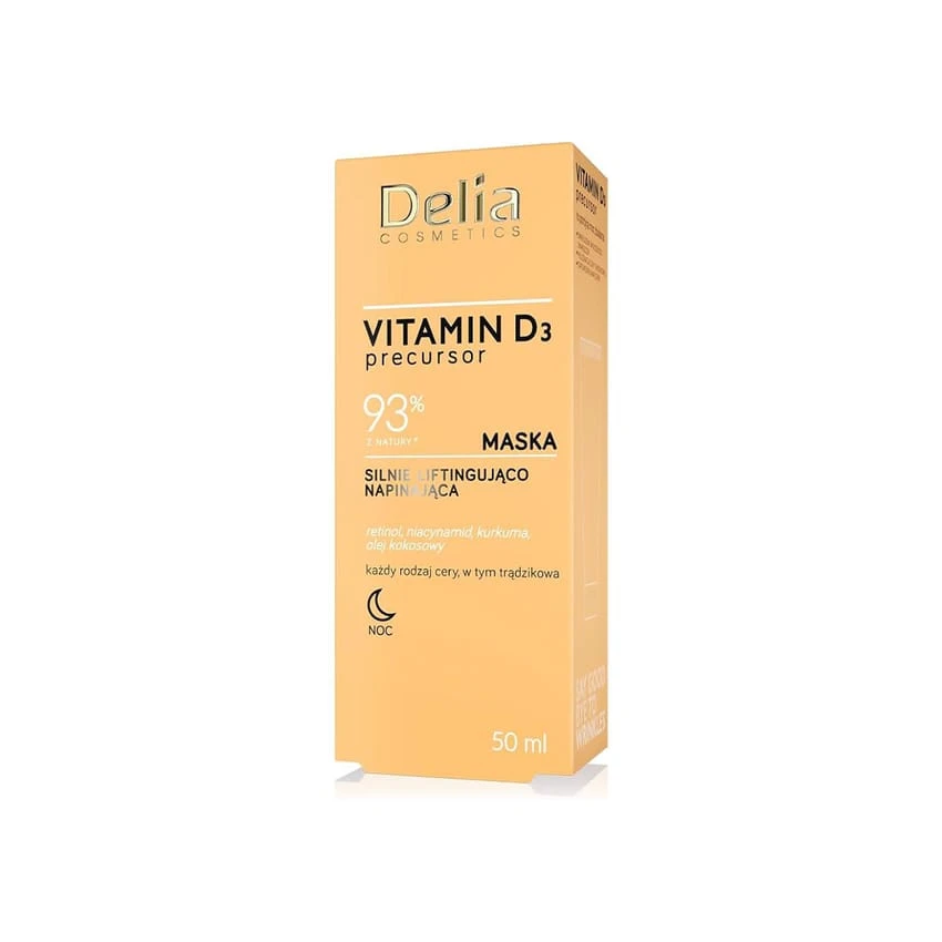 قناع Delia Cosmetics Vitamin D3 Precursor لشد البشرة وتقويتها بقوة لجميع أنواع البشرة وترطيب البشرة المعرضة لحب الشباب وتقليل الخطوط الدقيقة والريتينول والنياسيناميد والكركم وزيت جوز الهند 50 مل