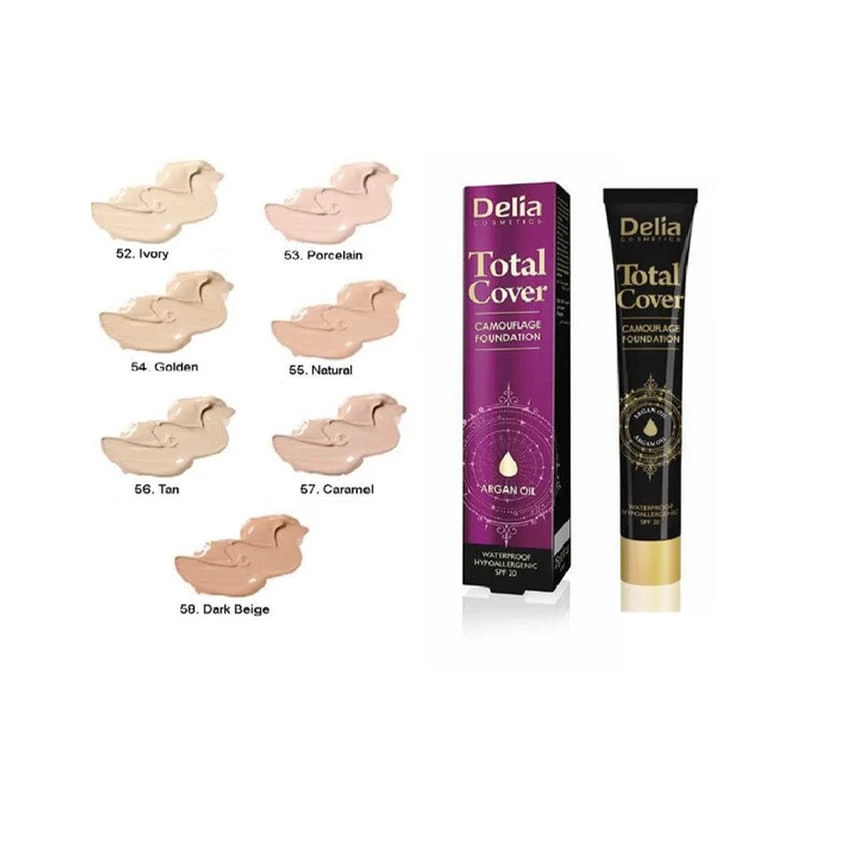 كريم أساس DELIA TOTAL COVER CAMOUFLAGE بزيت الأرجان + عامل حماية من الشمس SPF20