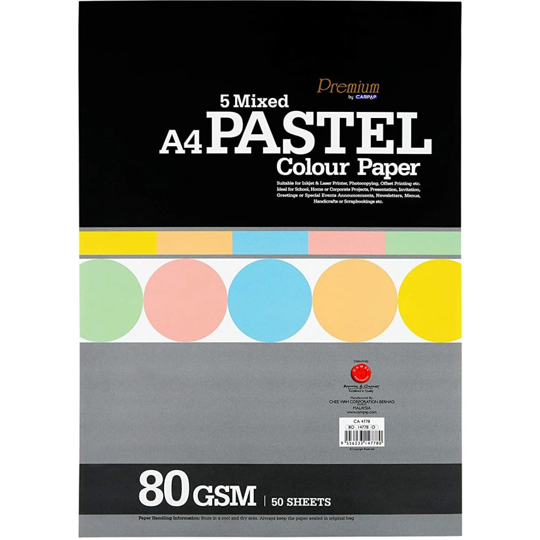 ورق CampAp Premium 5 Mixed Pastel Color Paper A4 80 GSM r - عبوة من 50 ورقة