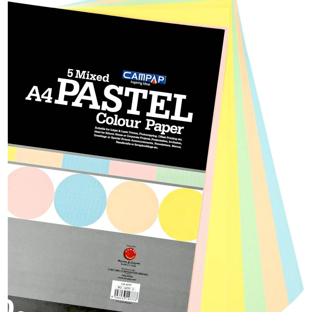 ورق CampAp Premium 5 Mixed Pastel Color Paper A4 80 GSM r - عبوة من 50 ورقة