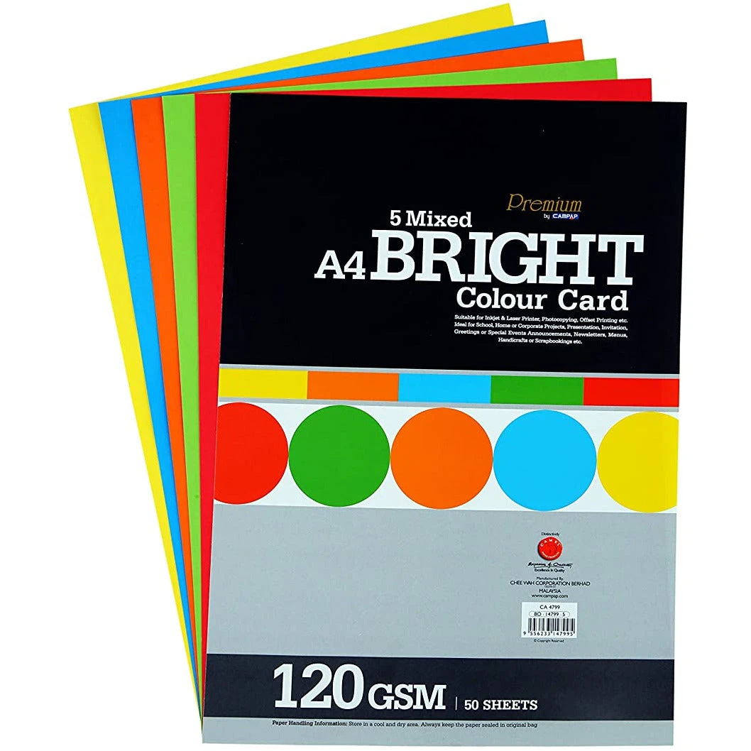 ورق مقوى CampAp Premium 5 Mix Bright Colors مقاس A4 120 جرام - عبوة من 50 ورقة