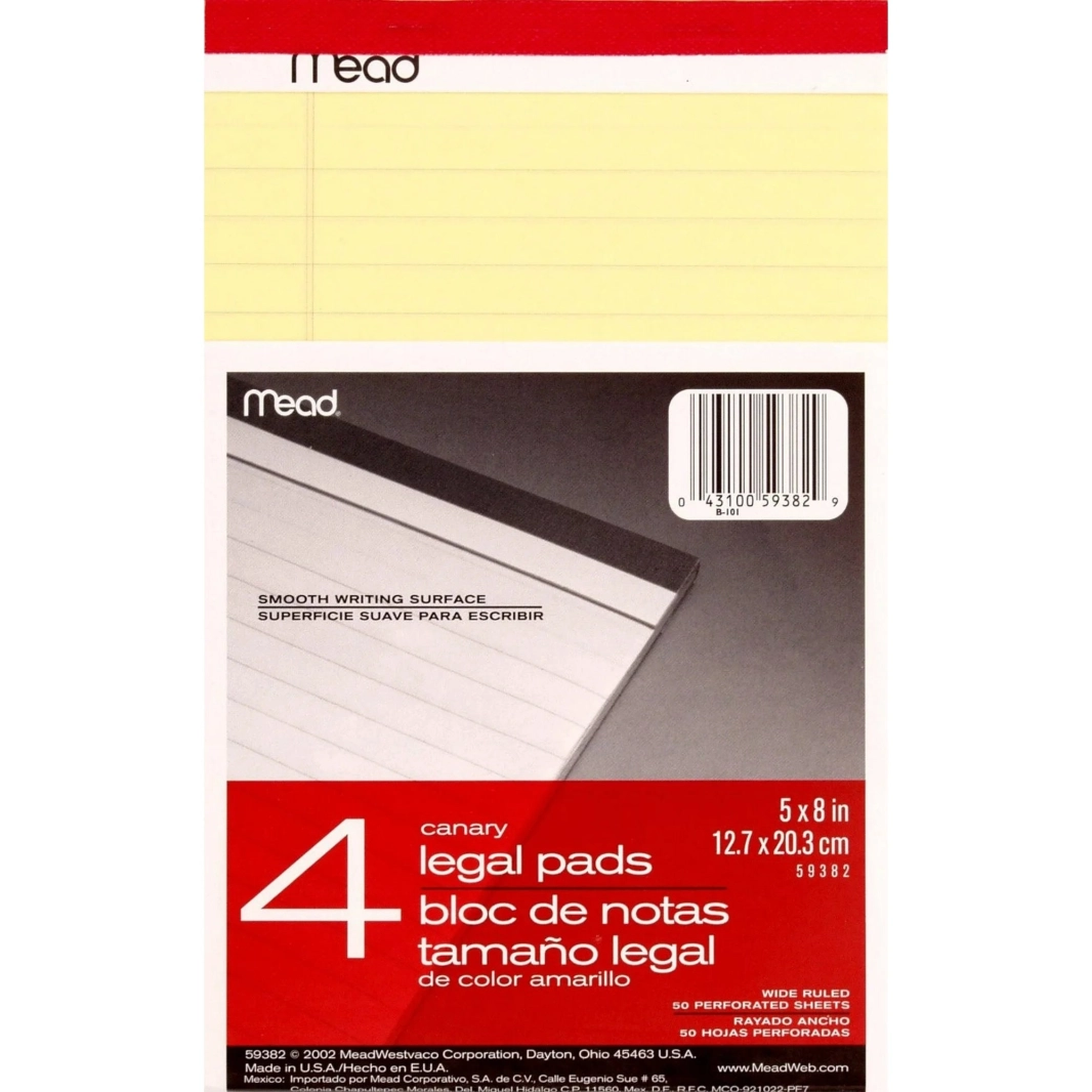 دفتر ملاحظات Mead Legal Flip Pad أصفر مقاس 8x5 بوصة A5 - عبوة من 4 قطع