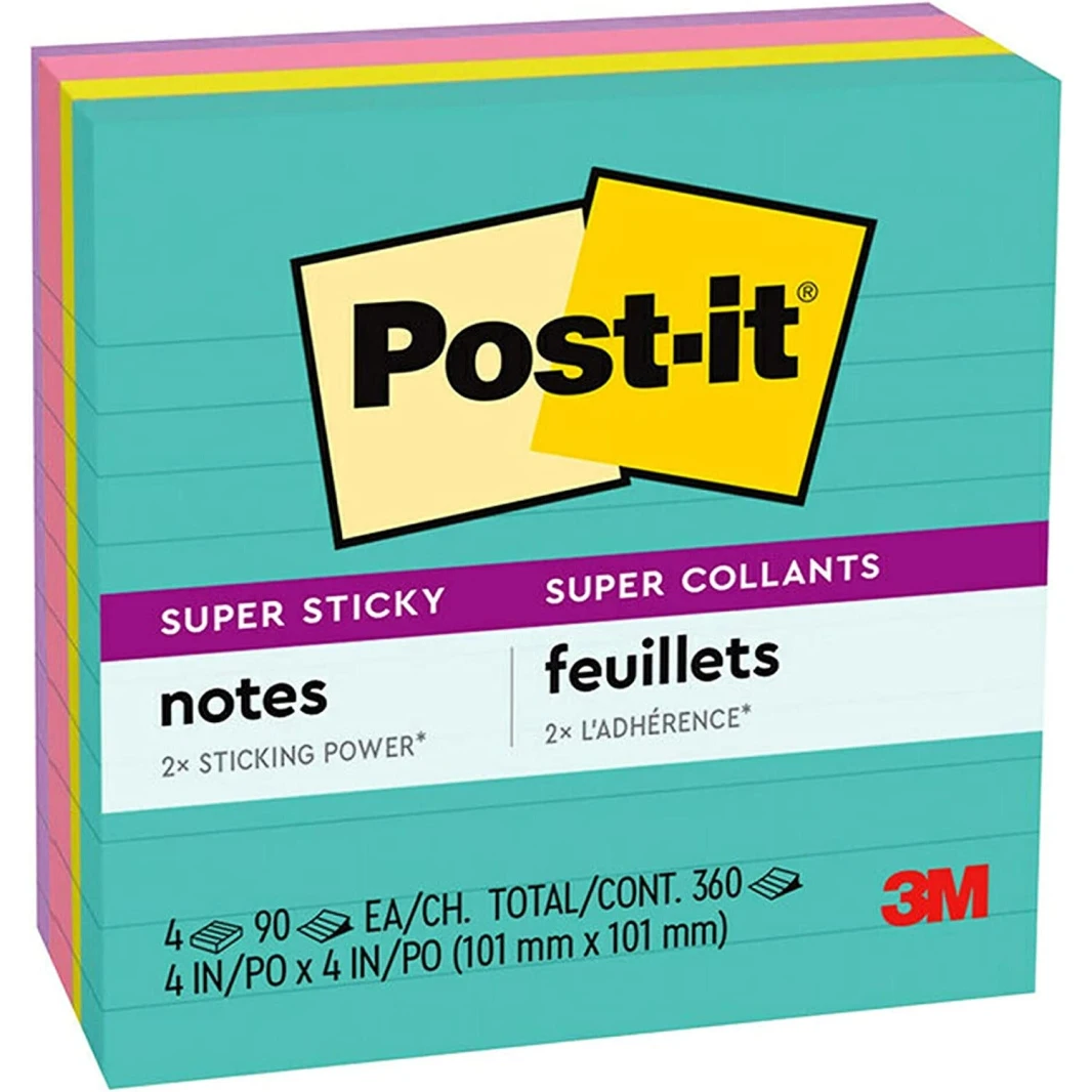 3M Post-it® Super Sticky Lined Notes 4"x4" Miami Collection - عبوة من 4 قطع ملونة