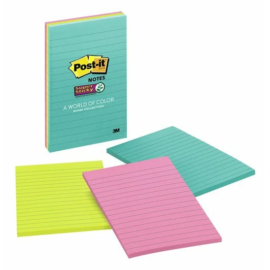 3M Post-it® Lined Sticky Notes مقاس 4 × 6 بوصة - عبوة من 3 قطع ملونة