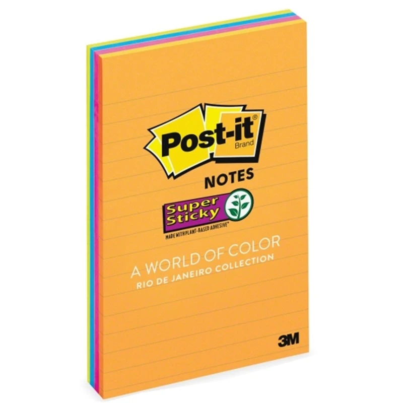 3M Post-it® Lined Super Sticky Notes مقاس 4 × 6 بوصة - عبوة من 4 قطع ملونة