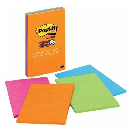 3M Post-it® Lined Super Sticky Notes مقاس 4 × 6 بوصة - عبوة من 4 قطع ملونة