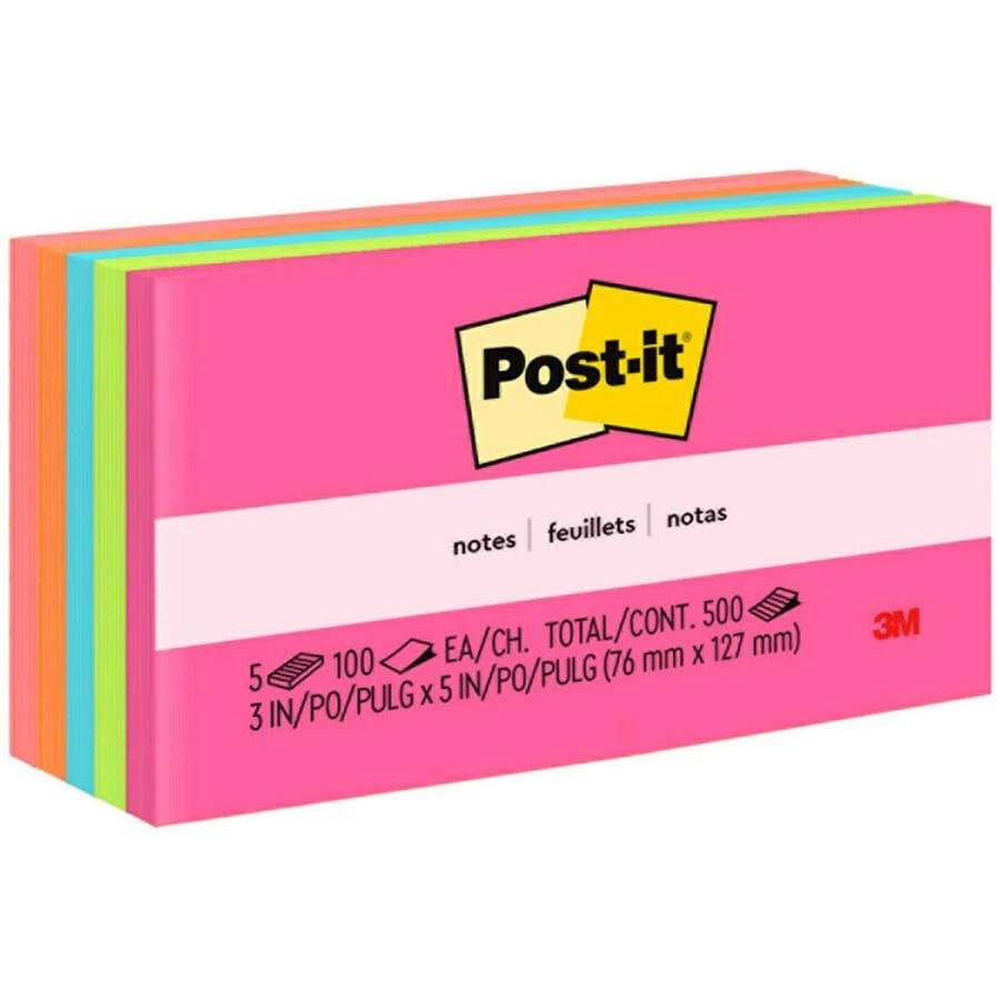 3M Post-it® Notes مقاس 3"x5" - عبوة من 5 قطع ملونة "نيون"