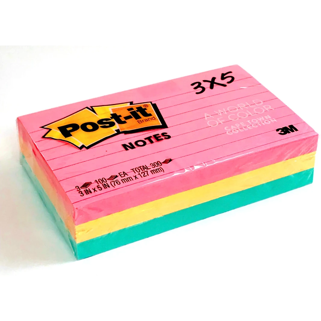 3M Post-it® Notes مقاس 3"x5" - عبوة من 3 قطع ملونة "نيون ومبطنة"