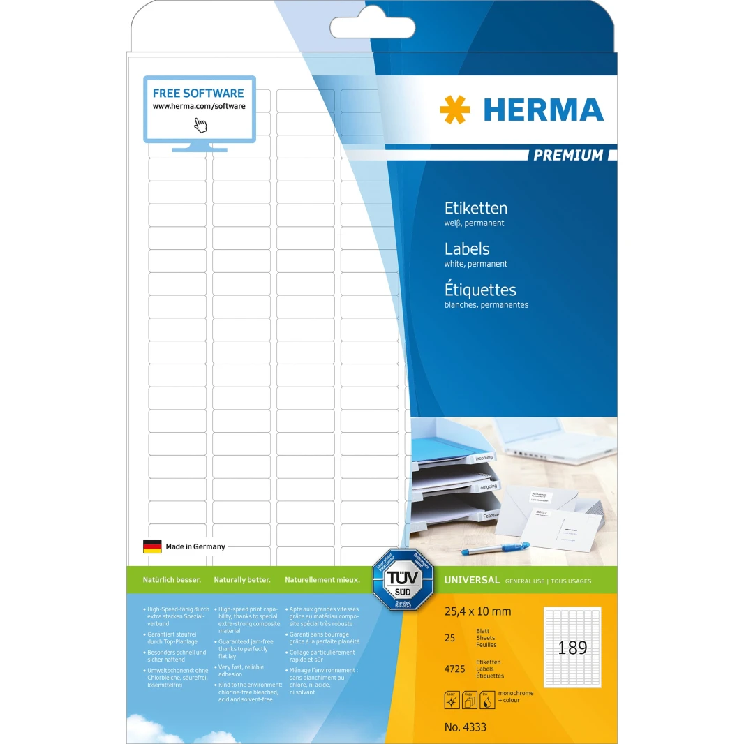 ملصقات A4 من Herma Premium - 189 لكل ورقة - 25.4 مم × 10 مم - 25 ورقة