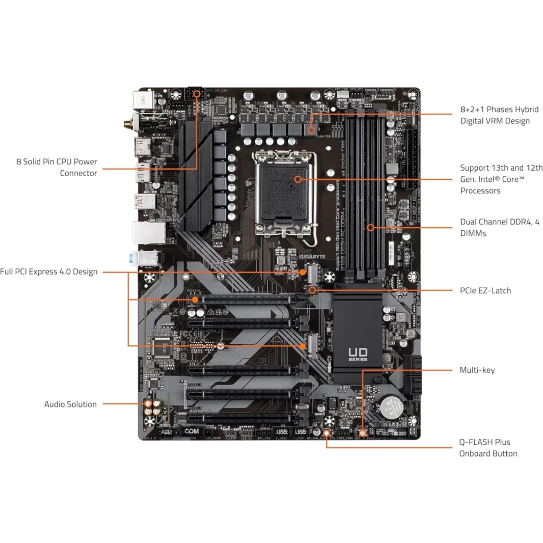 GIGABYTE B760 DS3H AX DDR4 (LGA 1700/ ATX/ DDR4/ M.2/ PCIe 4.0/Realtek Wi-Fi/Realtek GbE LAN/Q-Flash Plus/PCIe EZ-Latch/اللوحة الأم)