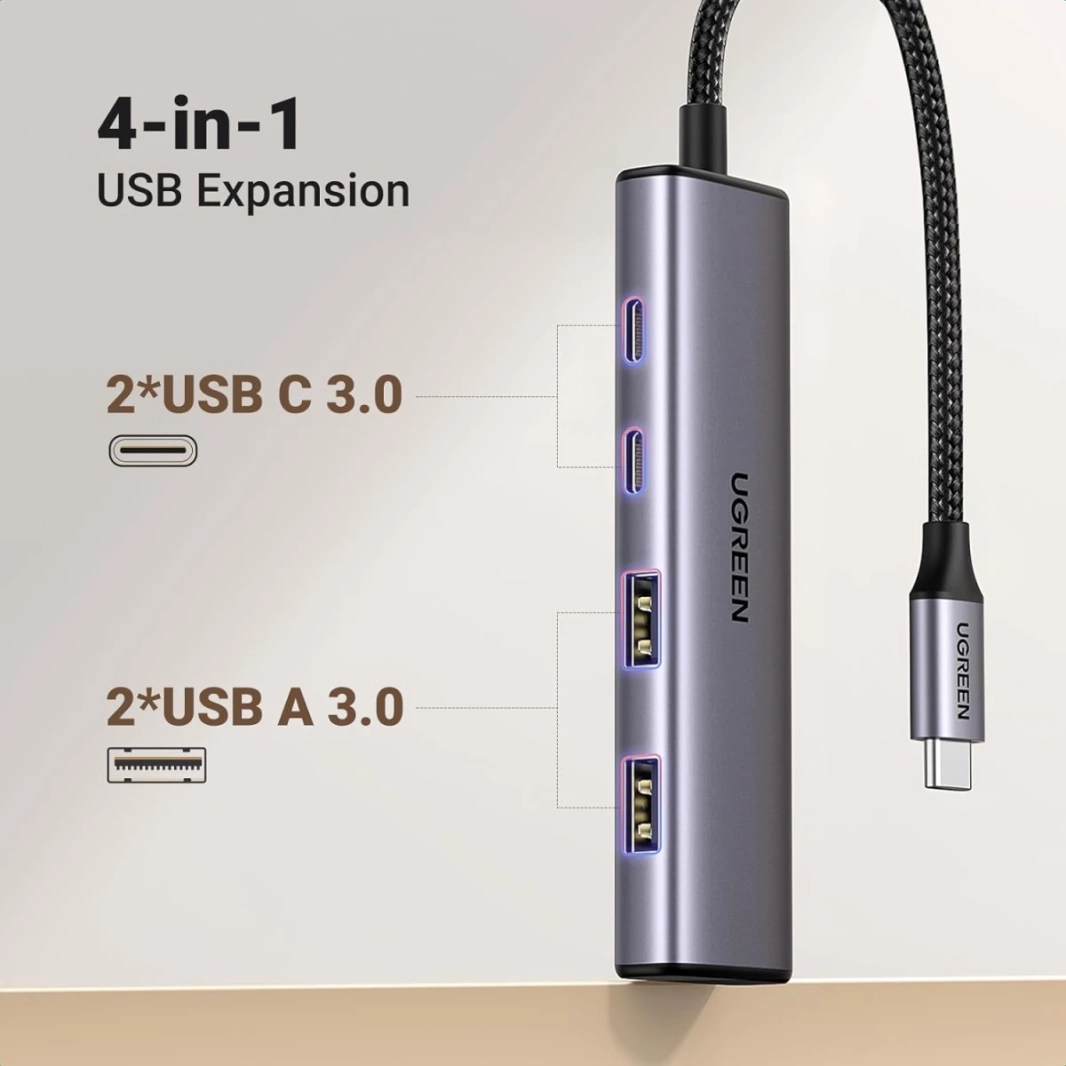 UGREEN 4 منافذ USB C مع 2 USB C و 2 USB 3.0، موزع USB C من الألومنيوم