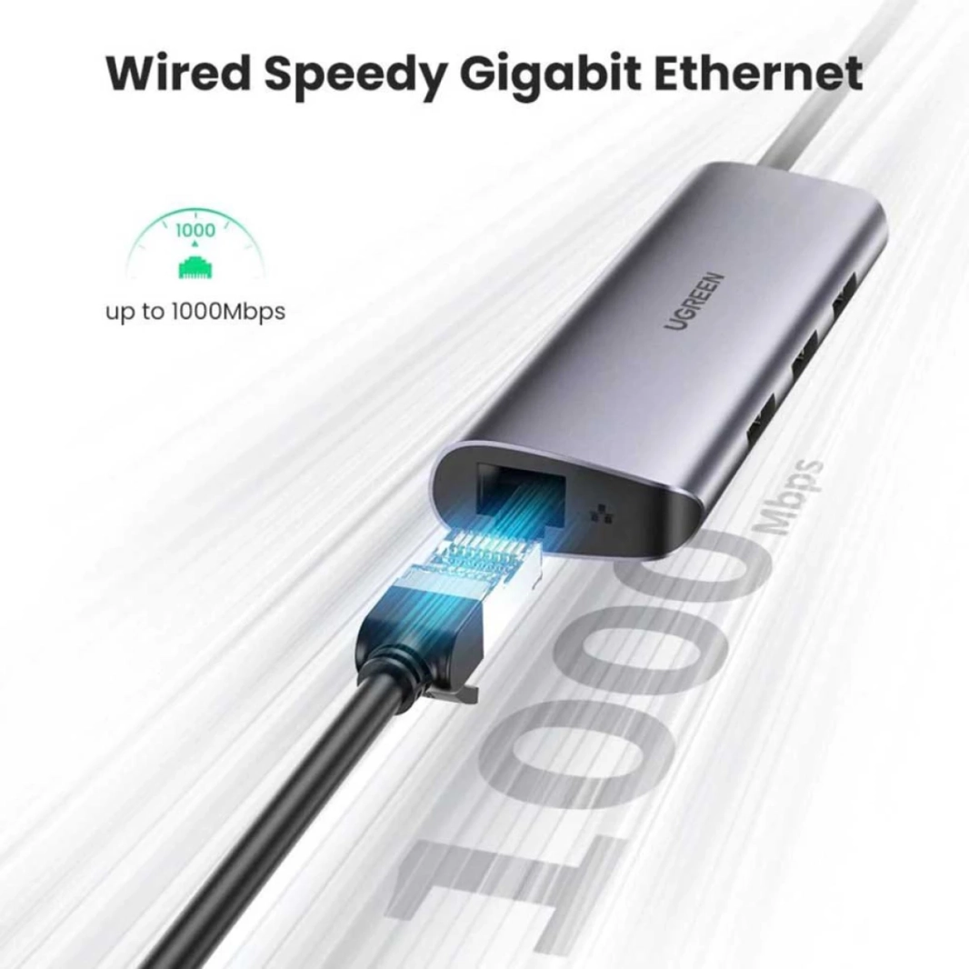 موزع USB C من UGREEN من النوع C إلى 3 منافذ USB 3.0 مع محول Gigabit Ethernet