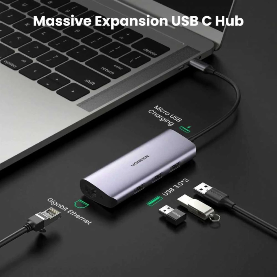 موزع USB C من UGREEN من النوع C إلى 3 منافذ USB 3.0 مع محول Gigabit Ethernet