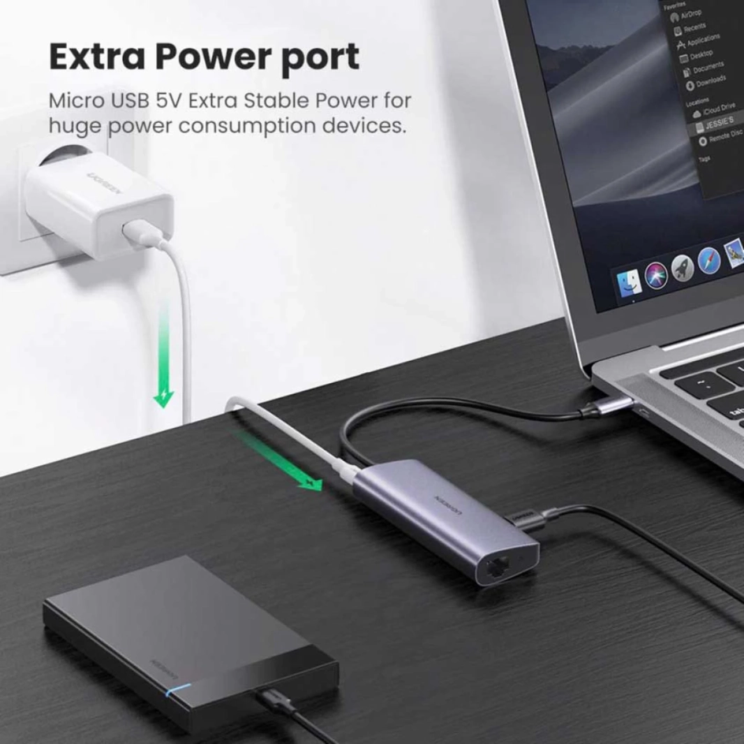 موزع USB C من UGREEN من النوع C إلى 3 منافذ USB 3.0 مع محول Gigabit Ethernet