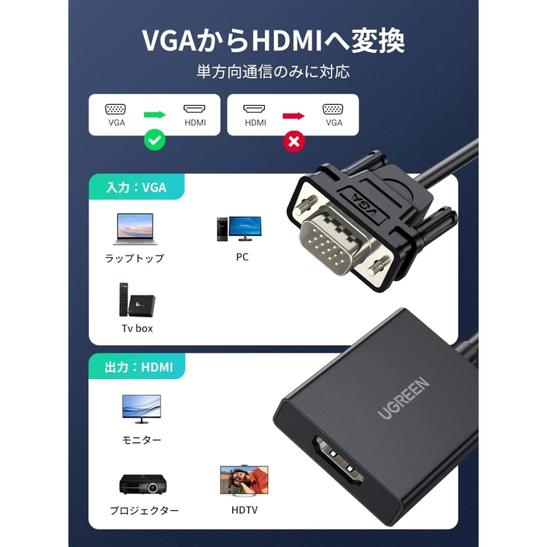 محول UGREEN VGA إلى HDMI (محول VGA ذكر إلى HDMI أنثى)