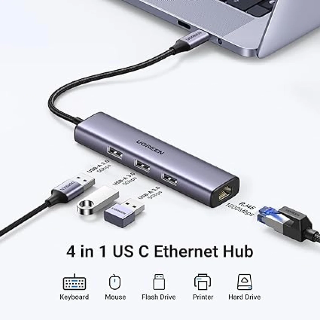 محول USB-C إلى Ethernet من UGREEN، موزع متعدد المنافذ 4 في 1 مع Gigabit RJ45