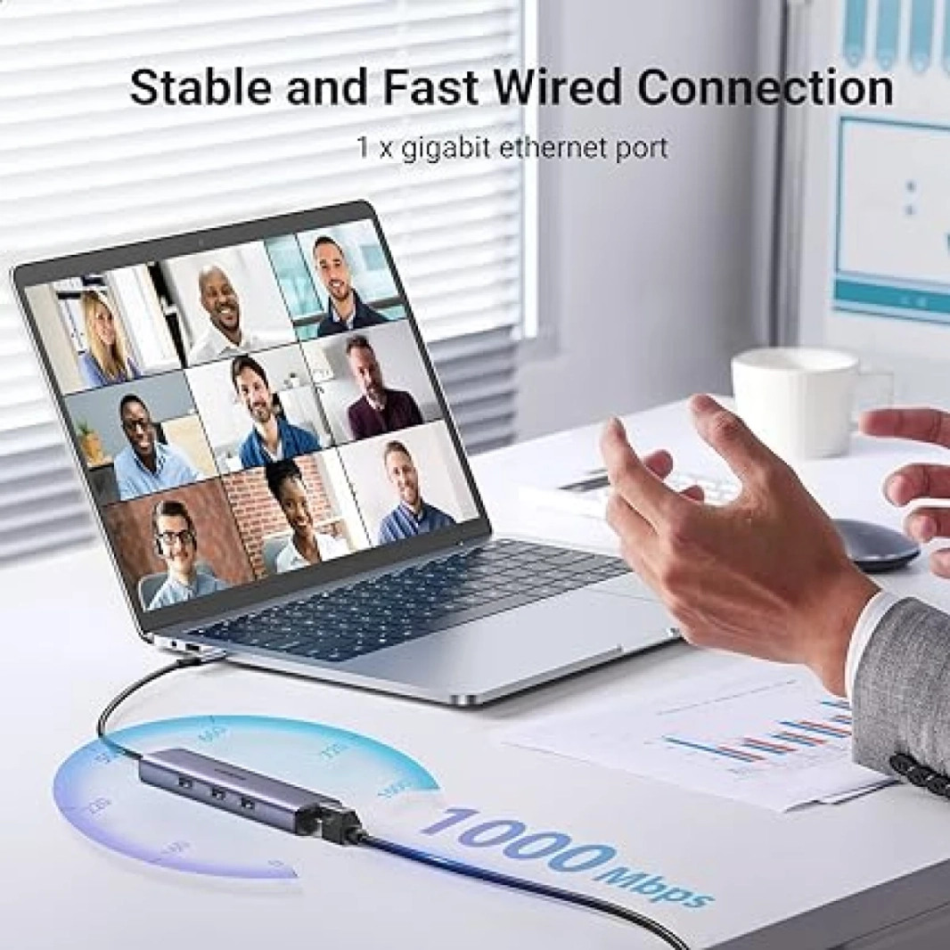 محول USB-C إلى Ethernet من UGREEN، موزع متعدد المنافذ 4 في 1 مع Gigabit RJ45