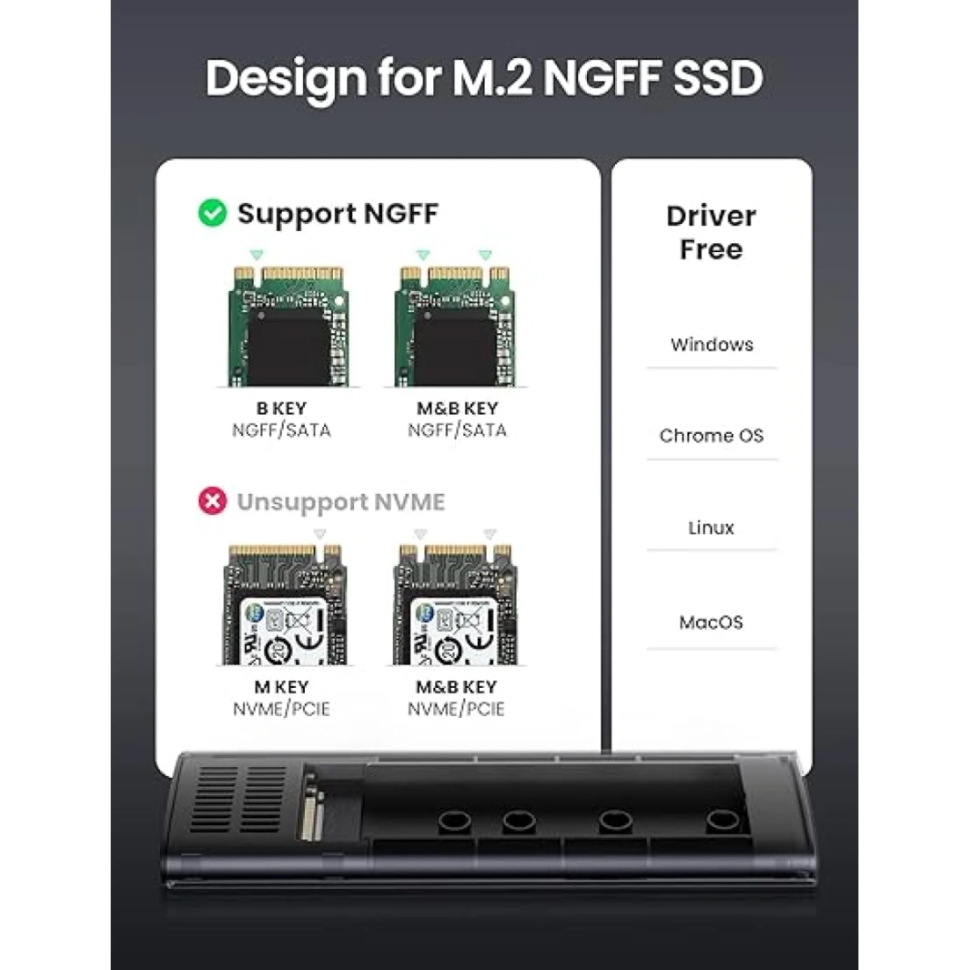 علبة SSD من UGREEN M.2 SATA NGFF من الألومنيوم ومنفذ USB 3.1