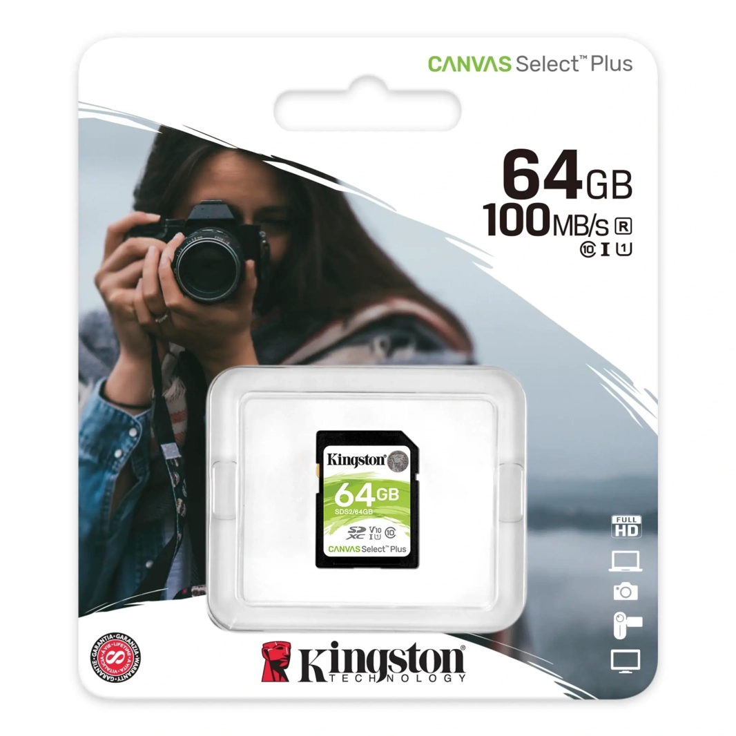 KINGSTON CANVAS SELECT PLUS 64GB SD MEMORY CARD - 100MB/S