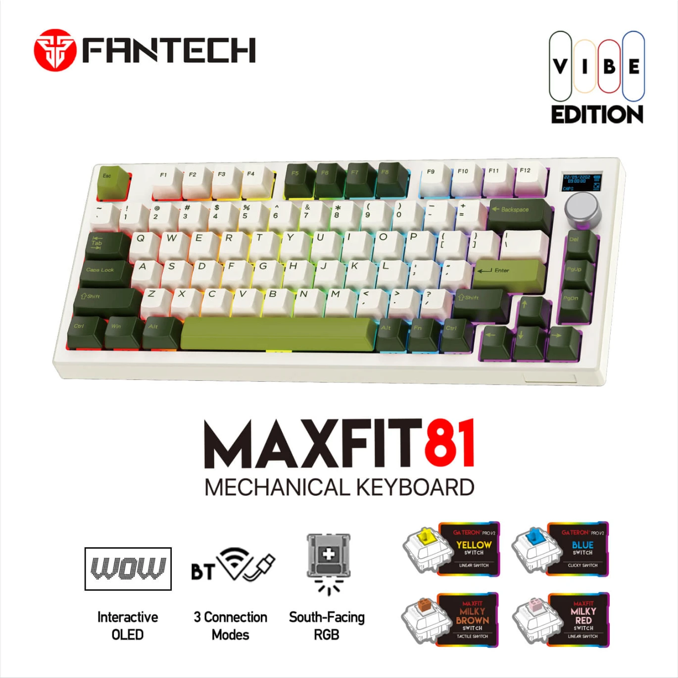 لوحة مفاتيح ميكانيكية للألعاب FANTECH MAXFIT81 MK910 VIBE EDITION MILKY MATCHA RGB ثلاثية الأوضاع (أغطية مفاتيح PBT)