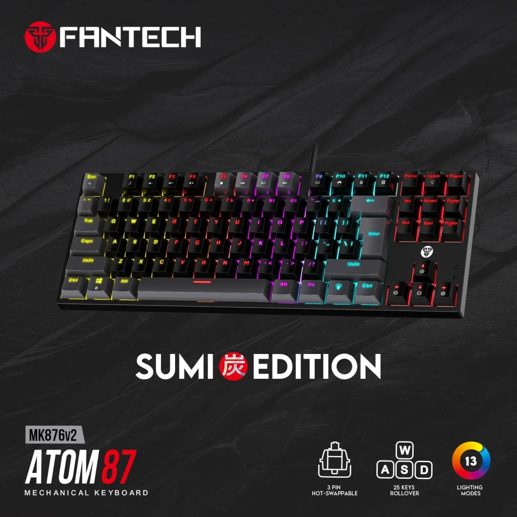 لوحة مفاتيح ميكانيكية FANTECH MK876V2 ATOM87 RGB إصدار SUMI - أسود